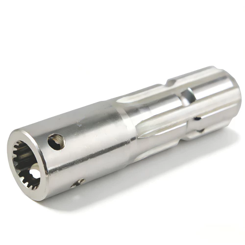 Range of PTO shaft adaptors displayed on a workbench showing different spline configurations